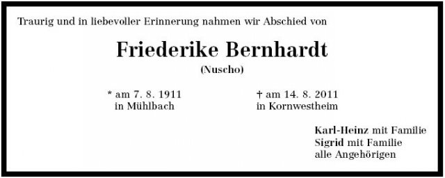 Binder Friederike 1911-2011 Todesanzeige